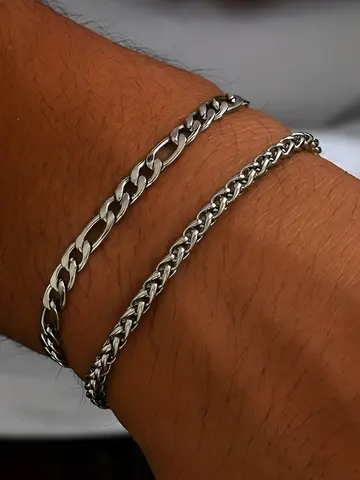 2pcs Simple Minimalist Silver Plated Stainless Steel Chain Bracelets Set for Men Fashion Glossy Street Chic Bracelet Jewelry