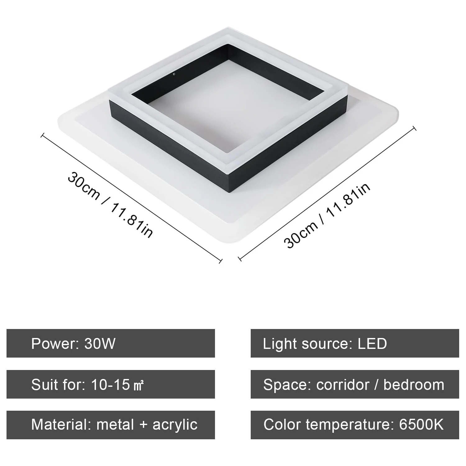 24W vierkante acryl plafondlamp, Ra=80, 6500K wit licht plafondlamp, geschikt voor slaapkamers, eetkamers, gangen