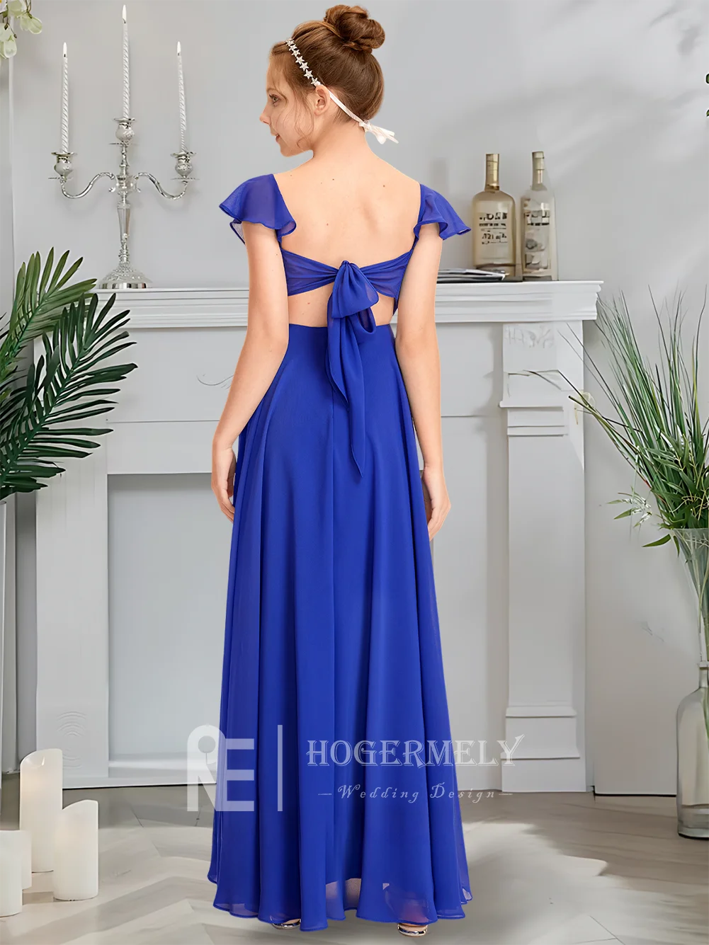 

A Luxurious V-Neck Junior Bridesmaid Dress Kids Blue Flower Girl Dress Floor-Length Chiffon Cascading Ruffles Wedding Party