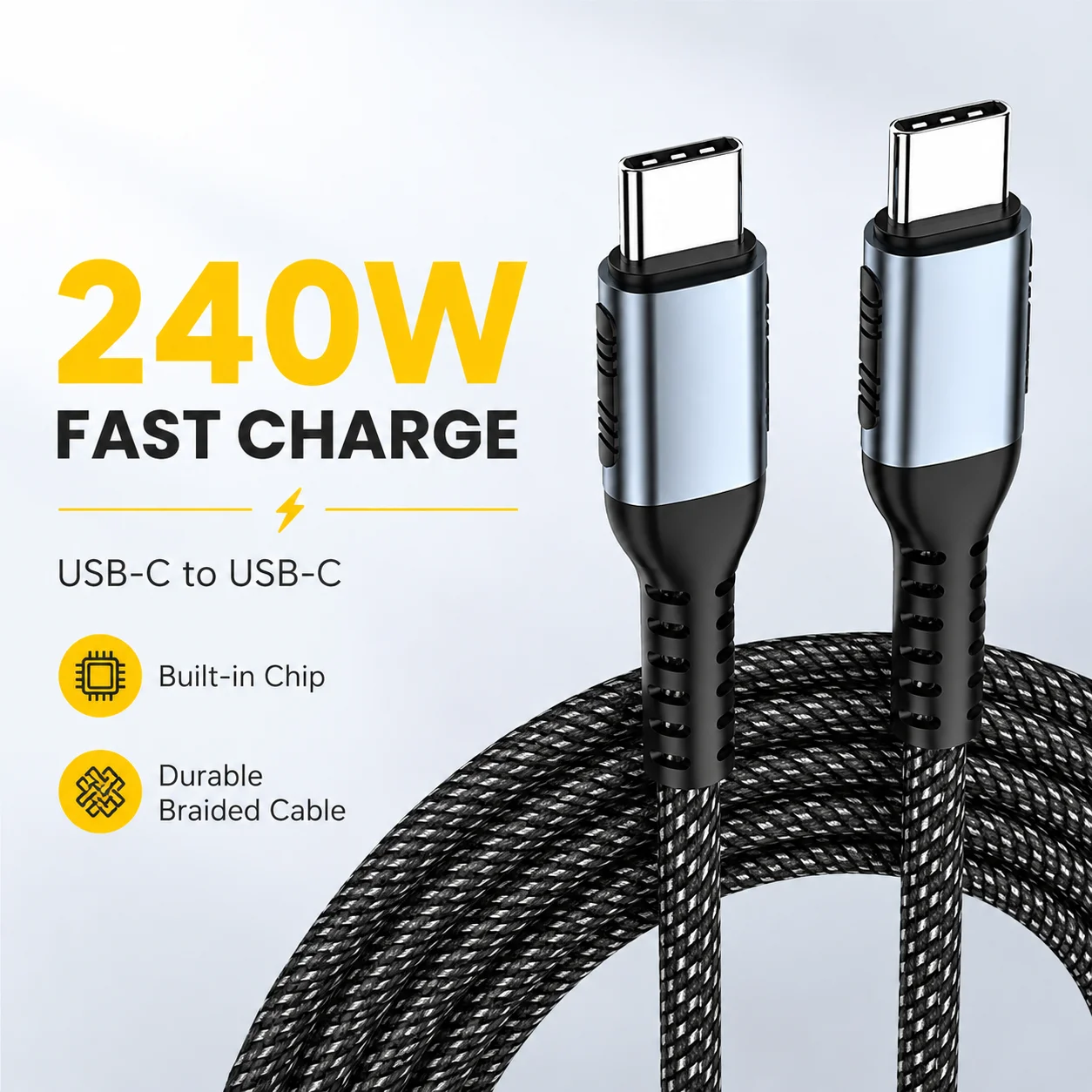 Câble USB C vers USB C 240W, cordon de chargeur PD 3.1 5A avec puce E-Marker, câble de type C tressé en nylon noir pour ordinateur portable, téléphone, tablette