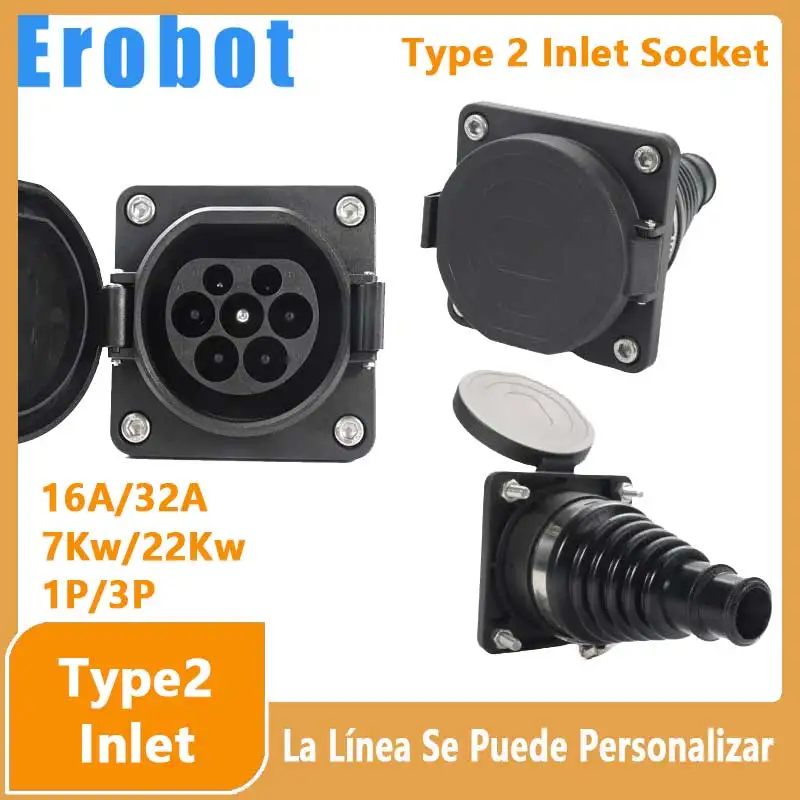 Erobot-Enchufes de entrada para vehículos eléctricos, adaptador de enchufe cargador EV, Tipo 2 Evse, 16A-32A, 1P, 3 fases para IEC 62196-2