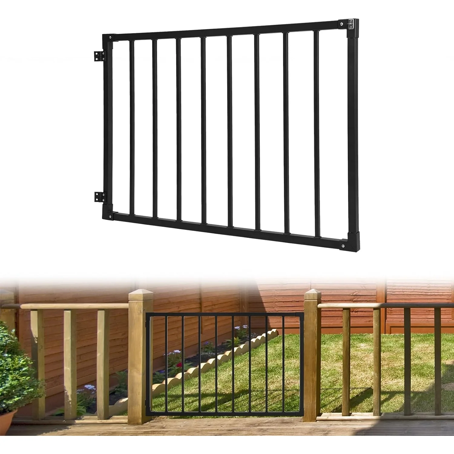 Porte métallique robuste avec charnières et loquet à fermeture automatique, barrière de sécurité en acier pour jardin, patio, escaliers et terrasse – porte d'entrée sécurisée pour enfants et animaux domestiques
