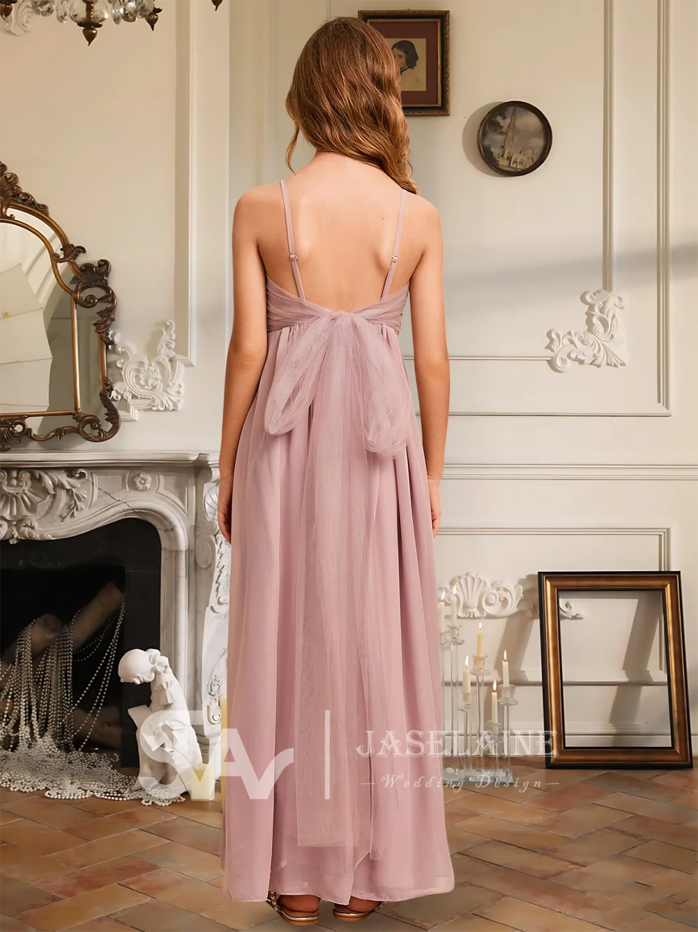 エレガントな A ライン V ネック床長さのシフォンジュニアブライドメイドドレスダスティローズフラワーガールドレスガールズパーティー結婚式フォーマル