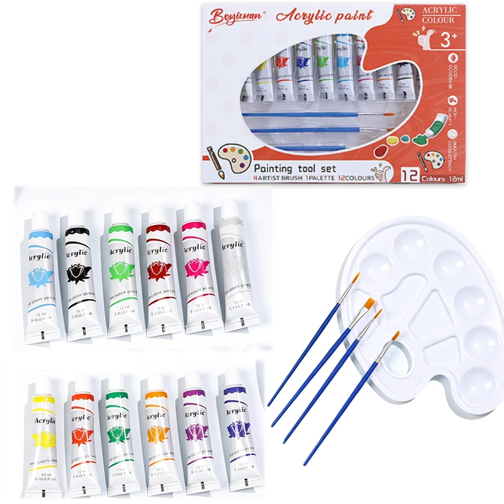 Professional Artist-Grade Pigment Set with 12 Colors Pigment, 4 Brushes Palette, Suitable for Acrylic, Oil & Watercolor Painting