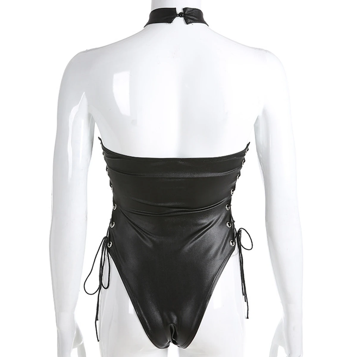 Women's Faux Leather Halter Bodysuit – Lace-Up Side Eyelet Detail Sexy Bodycon Top for Clubwear