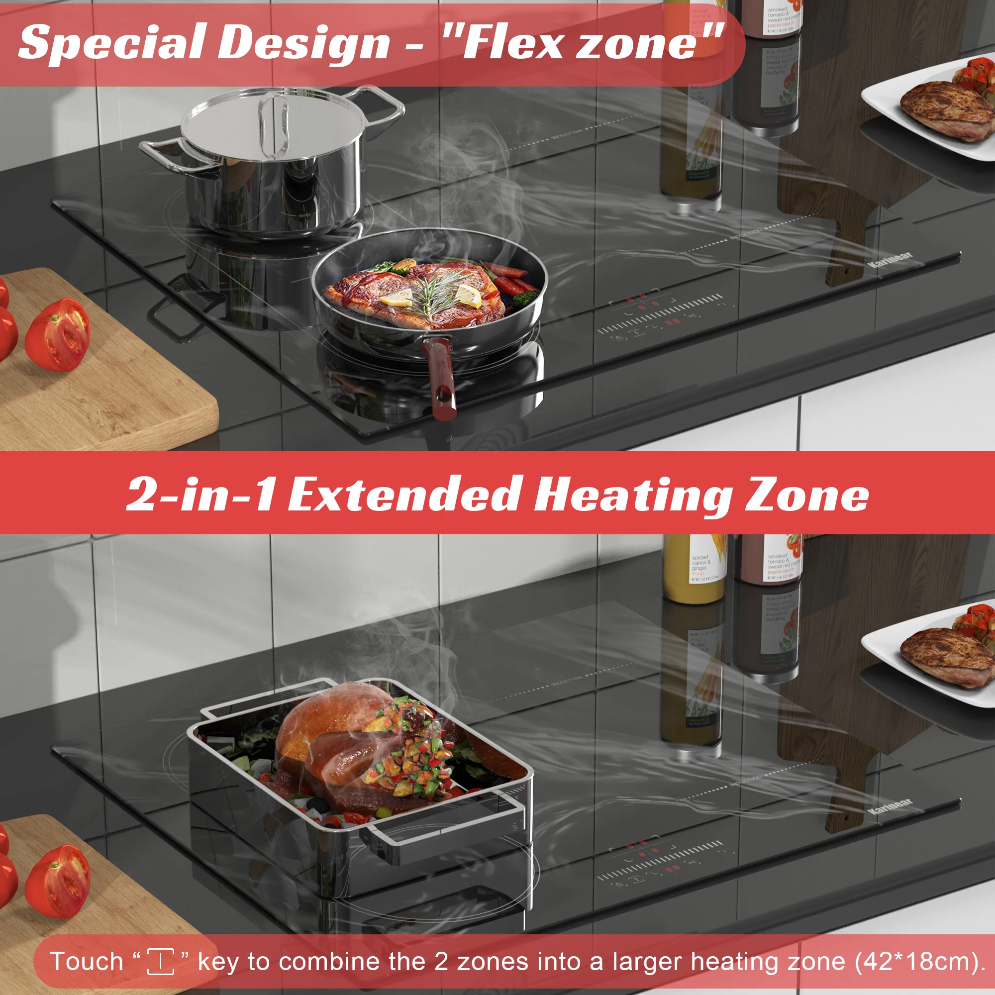 موقد كارينير مدمج بأربعة شعلة مع رخامي ، ومقبس ومنطقة مرنة ، وتحكم باللمس ، ومؤقت ، وقفل حثي آمن ، من من من من نوع Karinear #6