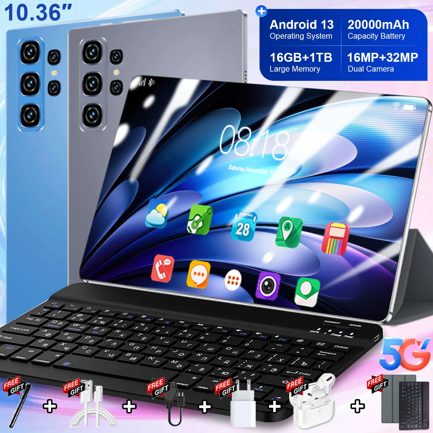 Tablet con cámara de 16MP+32MP, versión global 5G, batería de 20000mAh, pantalla de 10.36 pulgadas, Android 13, 16GB+1TB, WPS, WiFi 5G