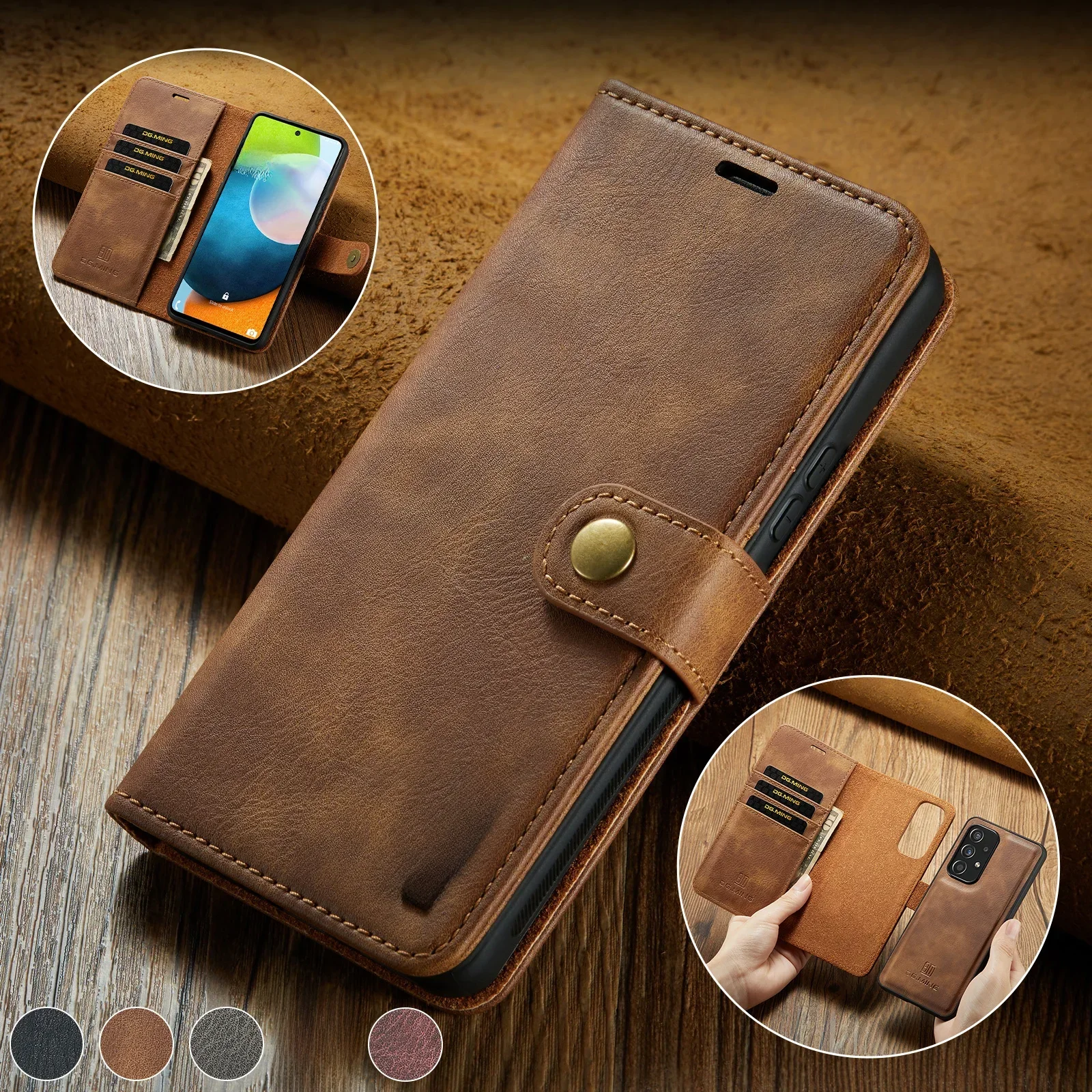 Odłączane etui-portfel z magnetycznym zamknięciem, wykonane ze skóry, do telefonów Samsung Galaxy A16, A26, A36, A56, A55, A35, S23, S25, S24, S26 Ultra, S21 FE Plus – etui typu flip. — zdjęcie produktu 7