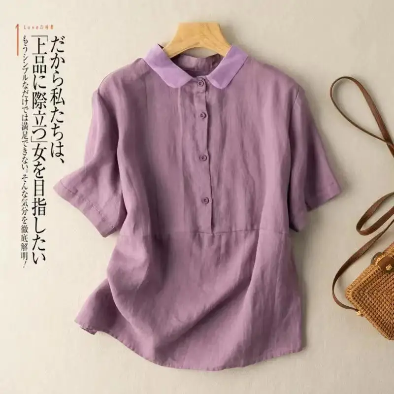 Elegant Cotton Linen Shirts Women Casual Solid Button Lapel Blouses Shirts Spring Summer Long Sleeve Loose Tops Tunic Blusas