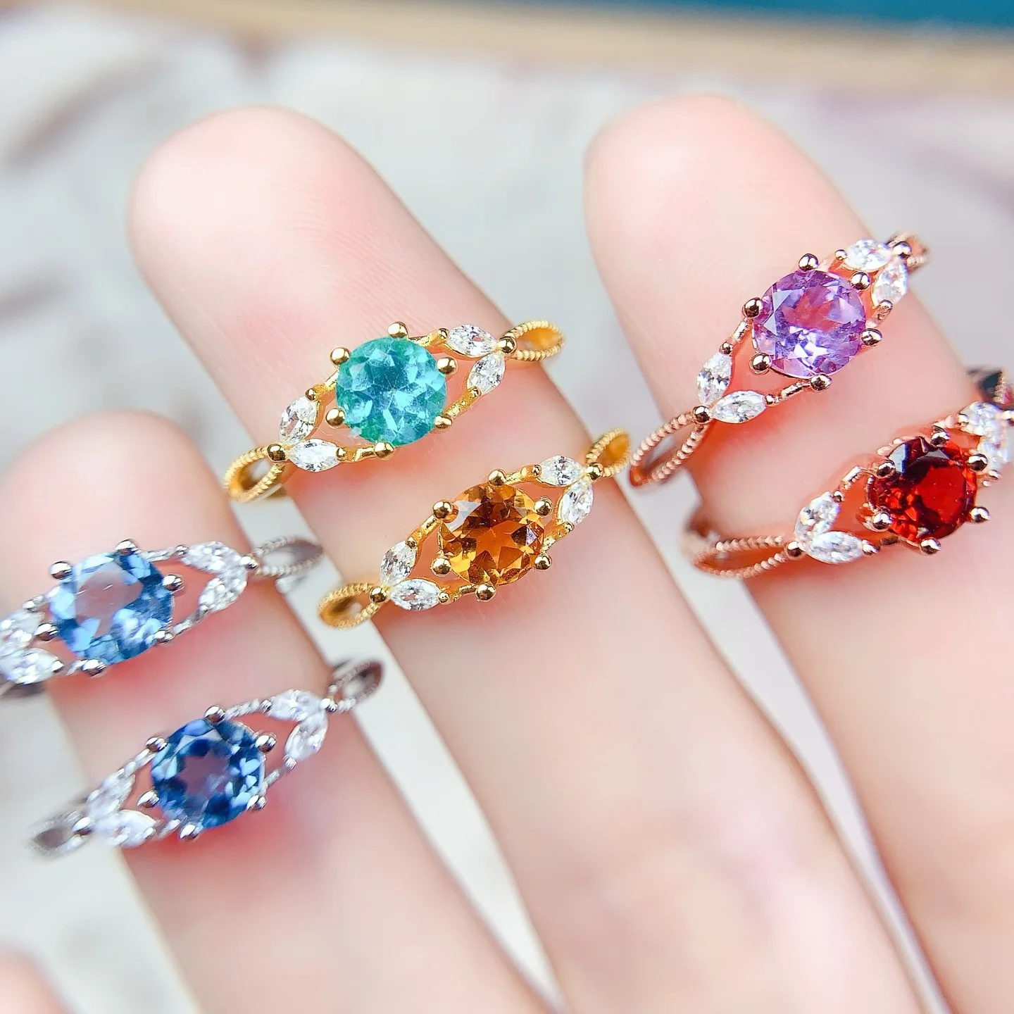 KJJEAXCMY Girls' Pure Natural 5x5mm Topaz Garnet Amethyst Yellow Crystal Ring 925 Pure Silver Electroplating 18K Gold White Gold