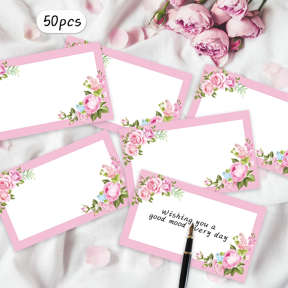 50 pezzi, biglietti per messaggi vuoti floreali rosa, biglietti tascabili, biglietti da visita, biglietti d'auguri vuoti, forniture per piccole imprese, etichette regalo