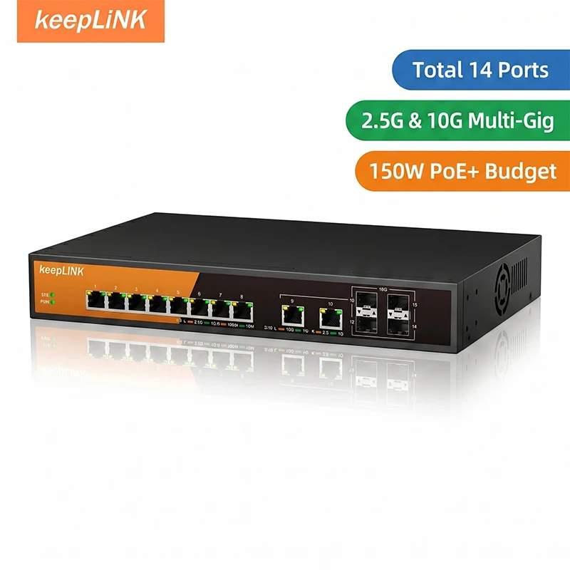 

KeepLink 14-Port Multi-Gig PoE Switch 8x2.5G PoE+ (150W), 2x10G RJ45, 4x10G SFP+ Uplink, Unmanaged Ethernet Network Switch