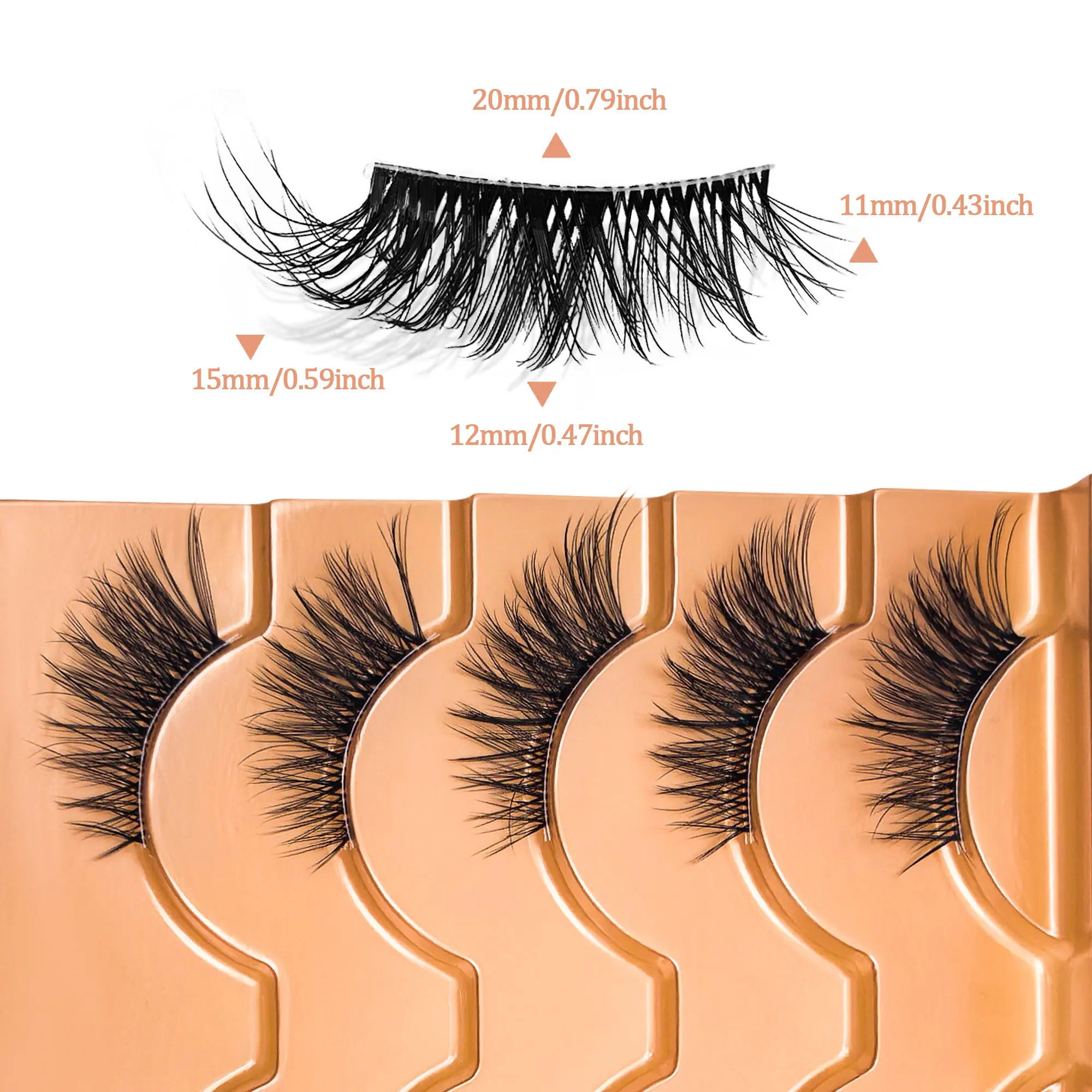 5 paia di soffici ciglia finte a forma di volpe, allungamento naturale delle ciglia da 11-15 mm, estese nell'angolo esterno dell'occhio, riutilizzabili.