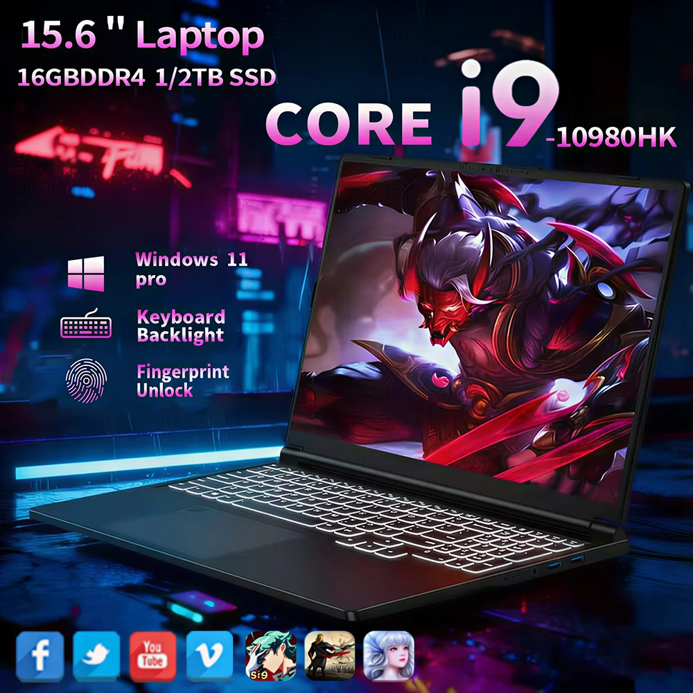 Portátil 2026 con Desbloqueo por Huella Dactilar, Pantalla de 15.6 Pulgadas, Intel Core i9-10980H, Windows 11 Pro, 16GB DDR4, 1TB SSD, para Juegos