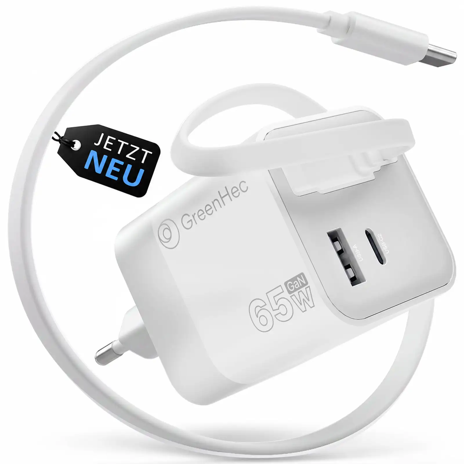 USB C Ladegerät 65W GaN Netzteil Einziehbares Kabel Schnellladegerät 3 Port Ladestecker für MacBook Laptop Handy iPhone