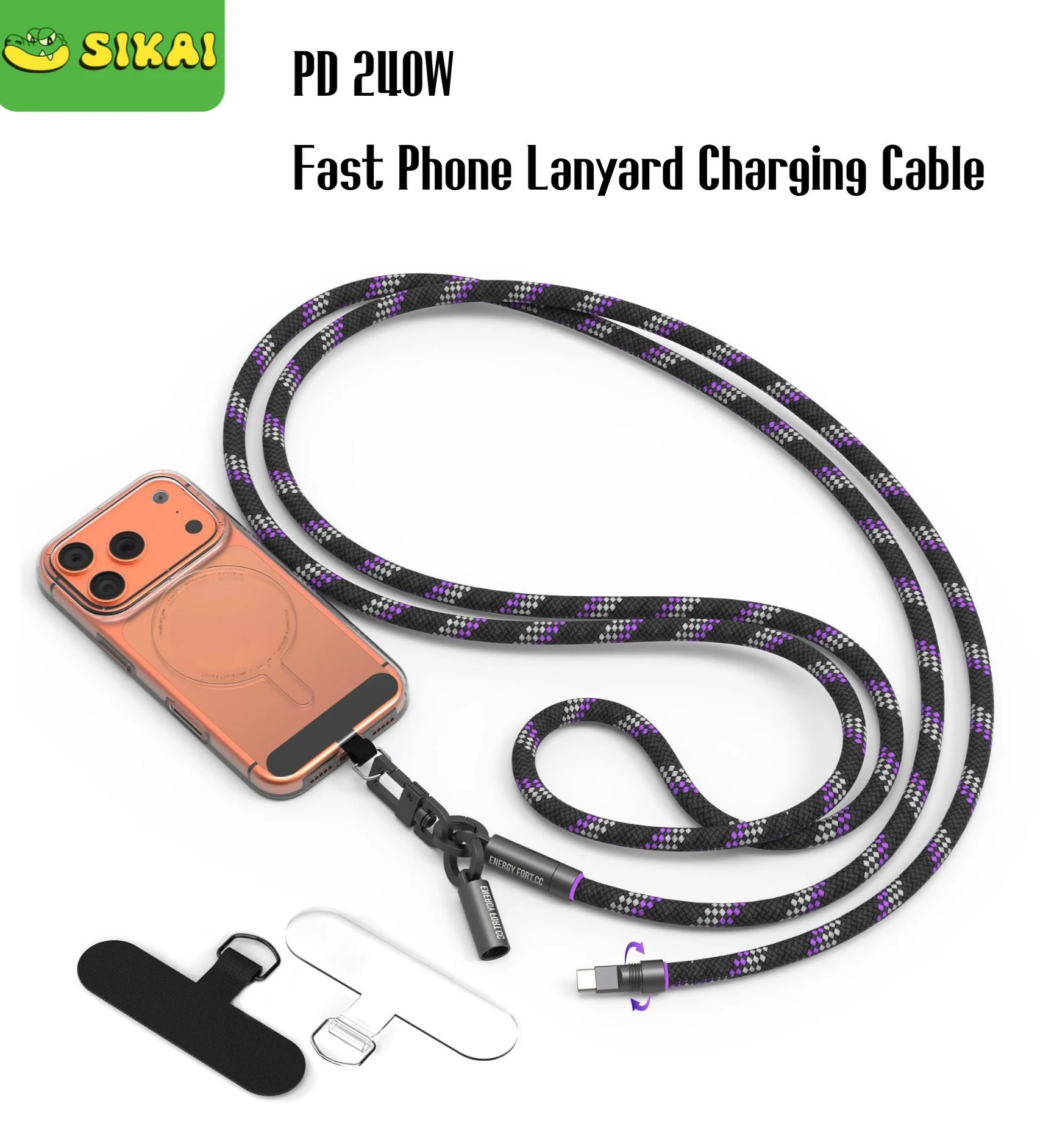 

240W Fast Charging CtoC Cable with Lanyard Aluminum Alloy Ports Nylon Braided Durable for Travel Compatibility iPhone17/Samsung