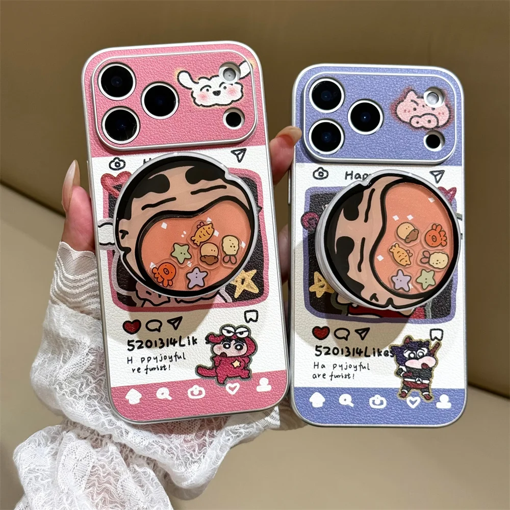Cute Crayon Shin-Chan Leather Magnetic Phone Case for iPhone 14 15 16 17 16 Pro 15 Pro 17 Pro Max Cover With Magsafe Stand Chain