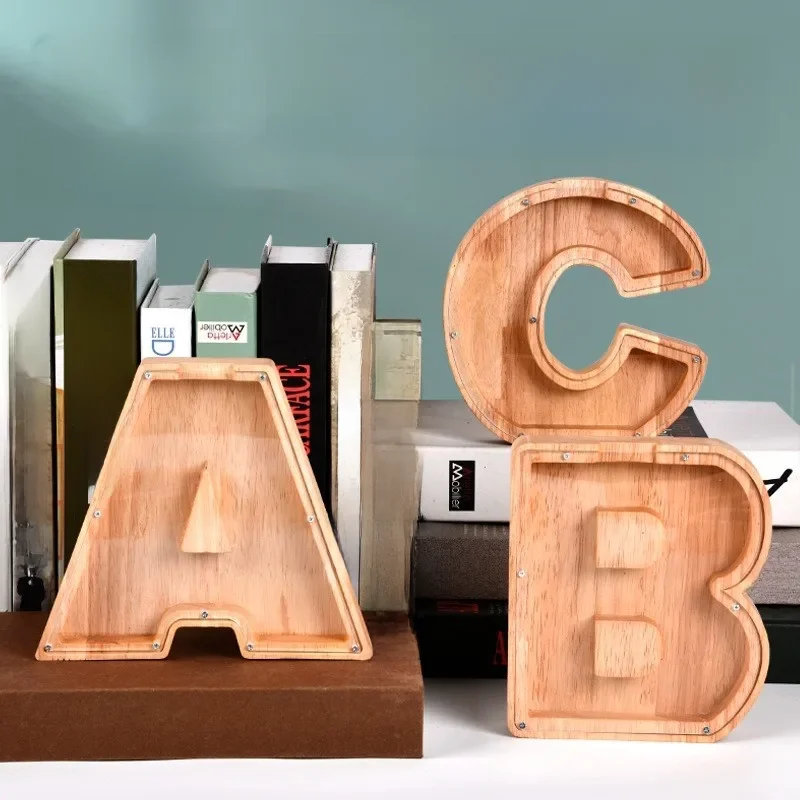 26 Letters Engels Spaarpot Houten Munt Geldbesparende Doos Jar Munten Opbergdoos Desktop Ornament Home Decor Ambachten Kerstcadeau - afbeelding 2