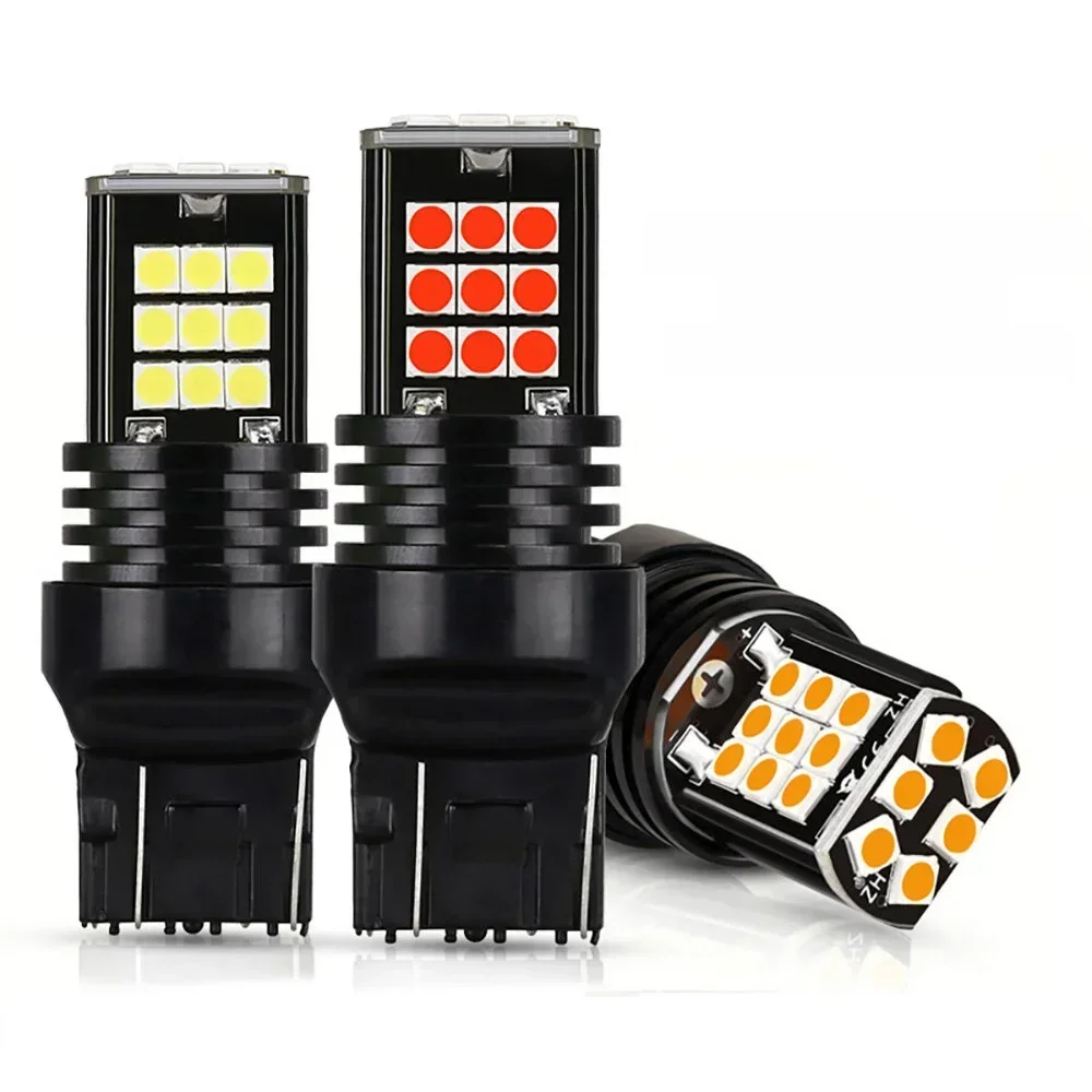 2 szt. Żarówki LED T20 7443 do świateł stopu i cofania, pasujące do uniwersalnych samochodów, 7440 W21W W21/5W, bursztynowe czerwone światło, 12V — 2