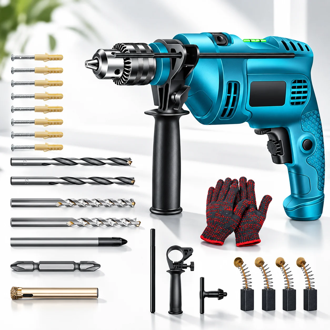 Trapano a percussione elettrico ​ Trapano elettrico multifunzione da 1500 W per uso domestico, ideale per forare legno, metallo, pietra e cemento: uno strumento elettrico efficiente e robusto.