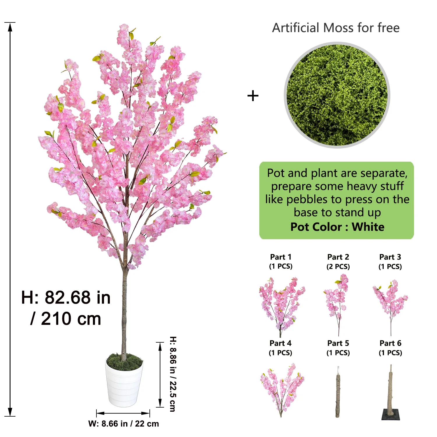 1,59m-2,10m Künstlicher Rosa Kirschblütenbaum im Topf mit Blättern, Künstliche Sakura-Pflanze für Heim, Hochzeit, Innenraum, Wohnzimmer-Dekoration – Detail 9