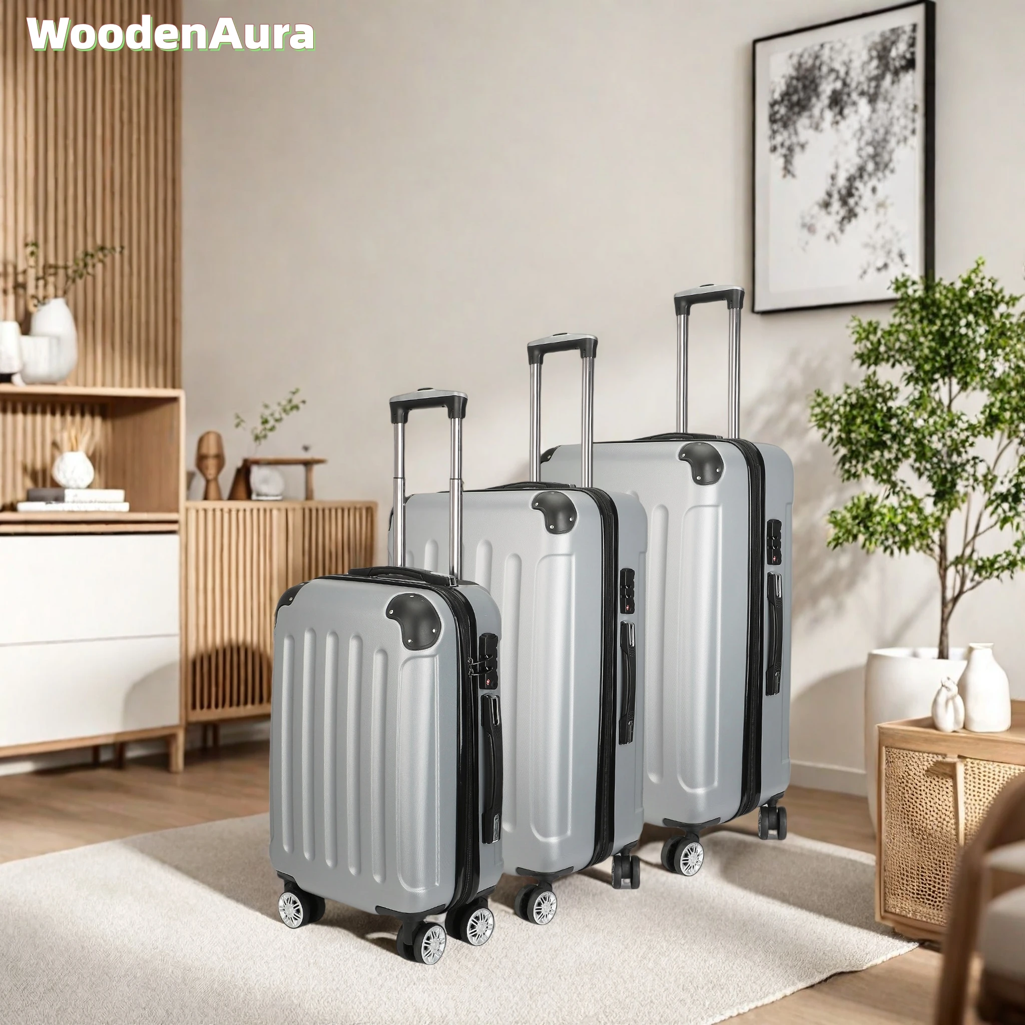 WoodenAura Koffer, Reisekoffer, hartschalenkoffer, koffer hartschale, 3-teiliges Set, luggage, trolley koffer, ABS-Material, mit Sicherheitsschloss, grau