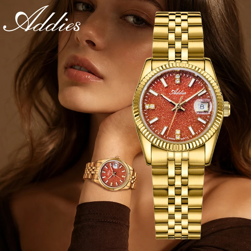 ADDIES Luxury Woman Watch 316L Stainless Steel 585 Quartz Sapphire Crystal Wristwatch 5Bar Waterproof Sport Luminous 28mm Gift