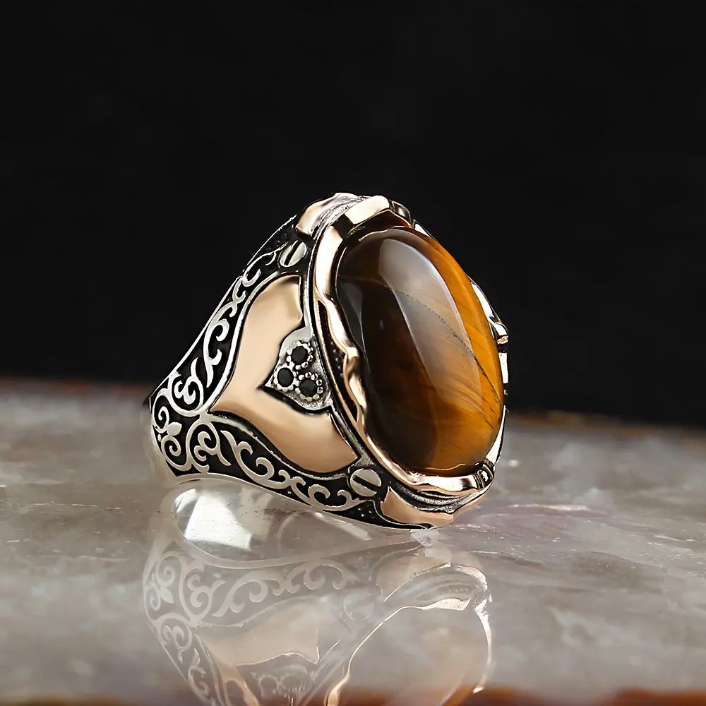 Tiger's Eye Gemstone 925 Sterling Silver Men 'S Ring, Free Shipping, Real Natural Stone, Vintage, gift for men Jewelry, Fashion Turkish Style