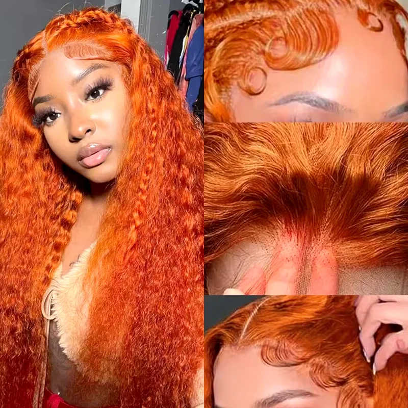 GEFILY 여성용 180% 밀도 투명 HD 레이스 프론트 가발, 딥 웨이브 레미 인모, 진저 오렌지 350 # 느슨한 곱슬, 13x4, 13x6