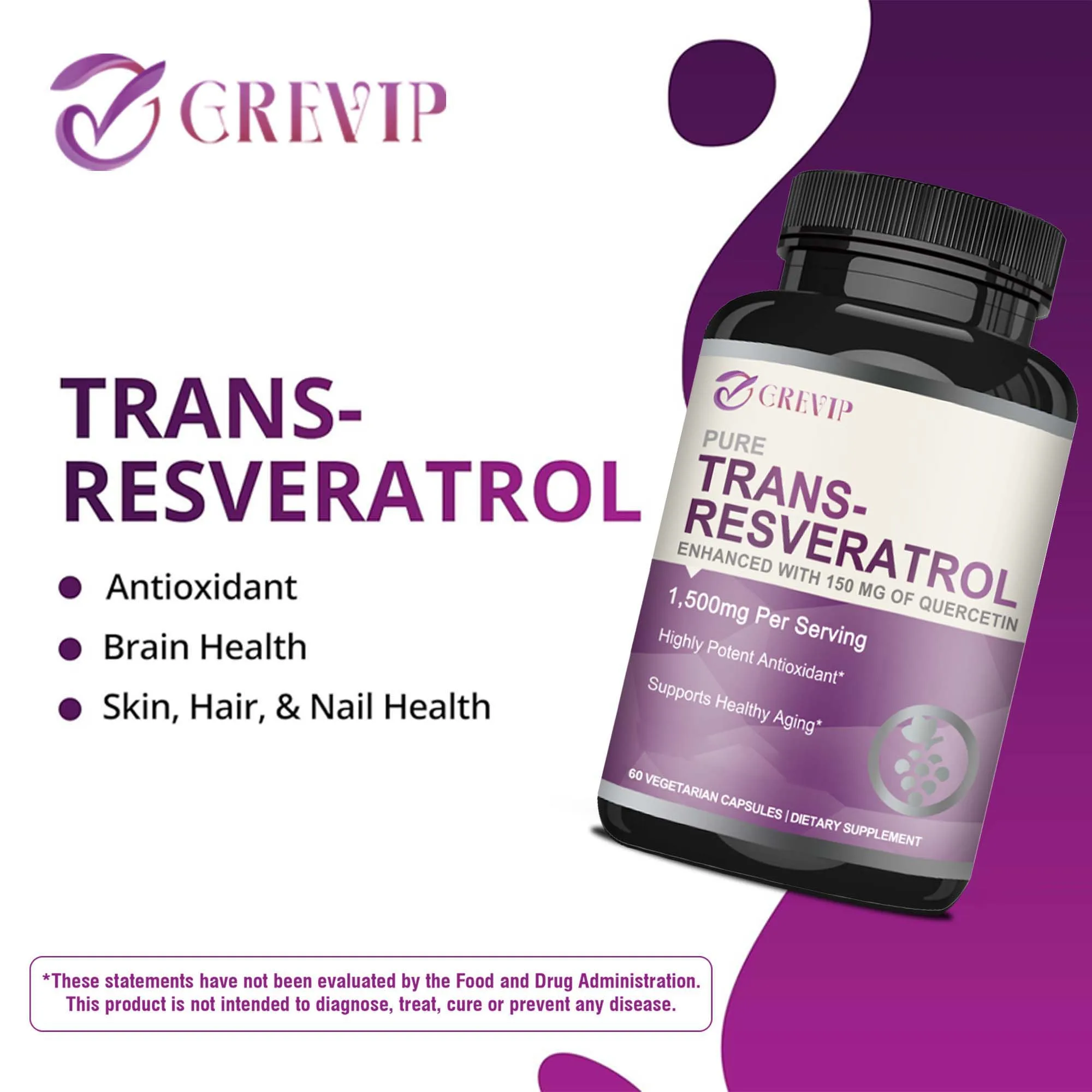 Trans-Resveratrol Supplement 1500mg - Anti-aging, Antioxidant, Brain, Heart, Skin Health - 60 Capsules