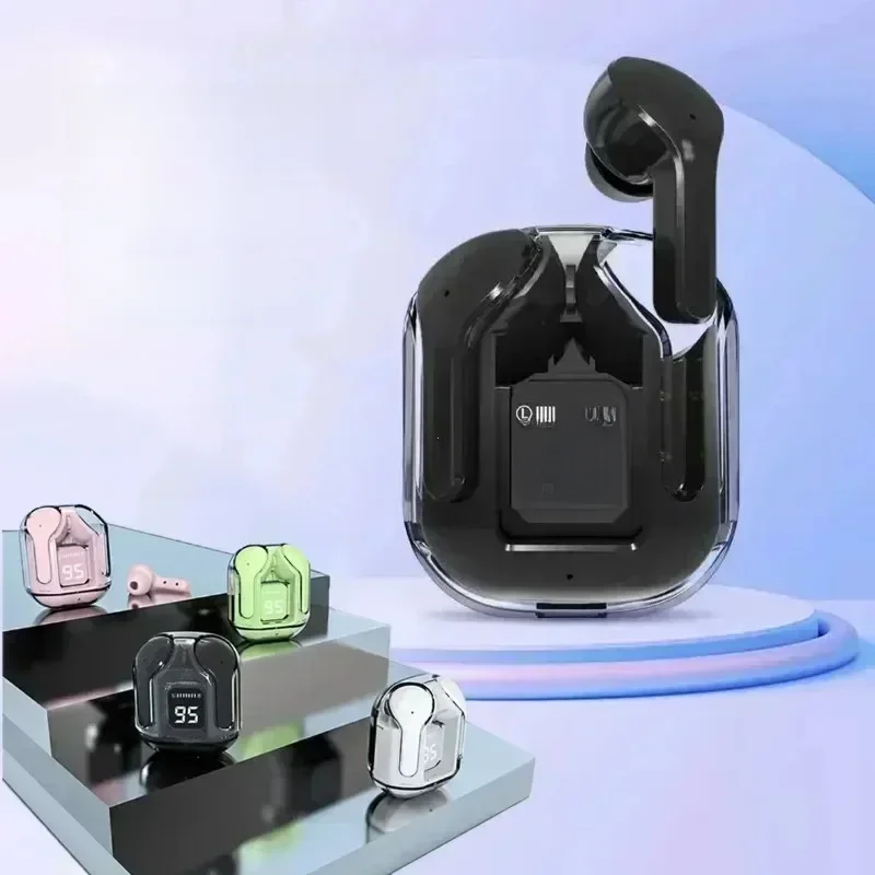Auscultadores sem fios Bluetooth com ecrã digital, auscultadores transparentes, som estéreo, fones