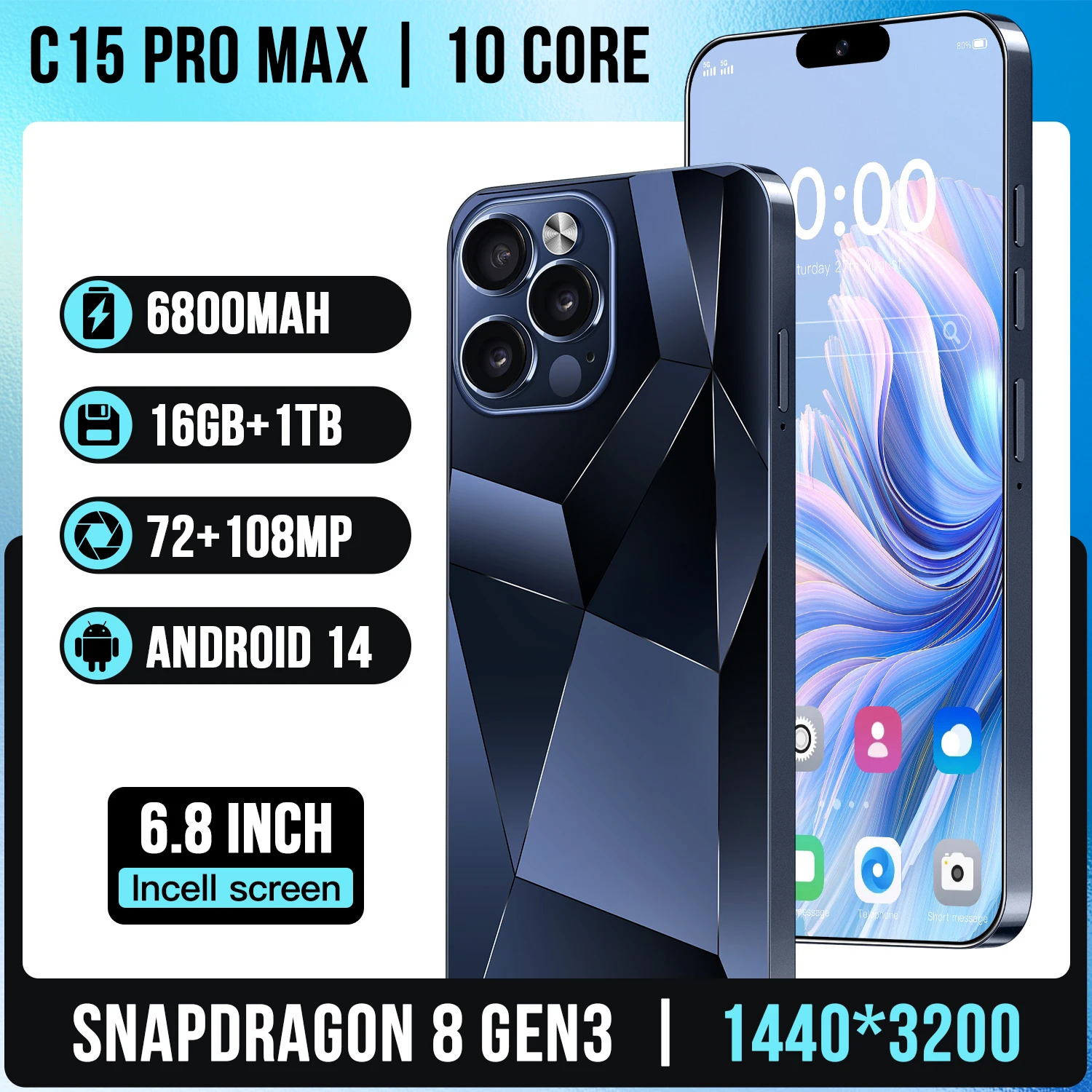 New HOT C15 Pro Max 6.8 inch 5g smartphone Android 14 Snapdragon 8gen3 10core dual SIM cellphones 6800mAh mobile phones