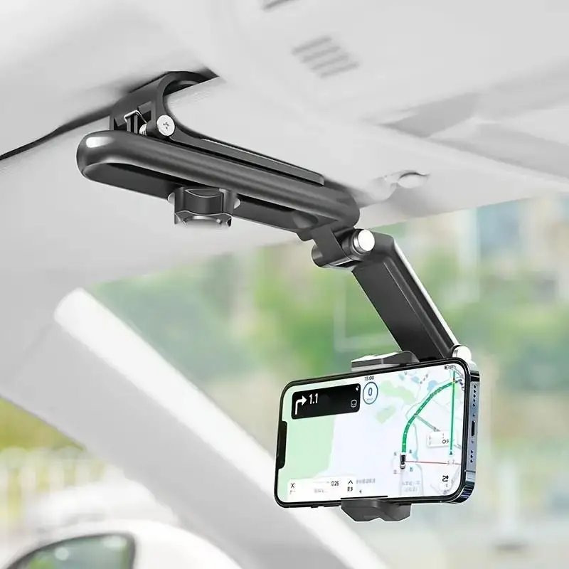 Universal Car Sun Visor Phone Mount – 360° Adjustable Mechanical Arm Holder for Smartphone GPS, Compatible with All Phones (Grey)