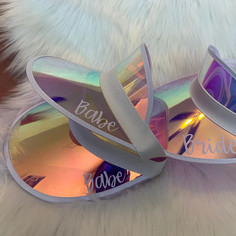 

Custome Bride Visors Team Bride Gift Bachelorette Party Holographic Visors Retro Beach Sun Hat Bridesmind Gifts Pool Party Gift