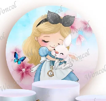 Alice in Wonderland Round Cover Girl Birthday Baby Shower Background Lumiere Cogsworth Chip Cup Cylinder Cover