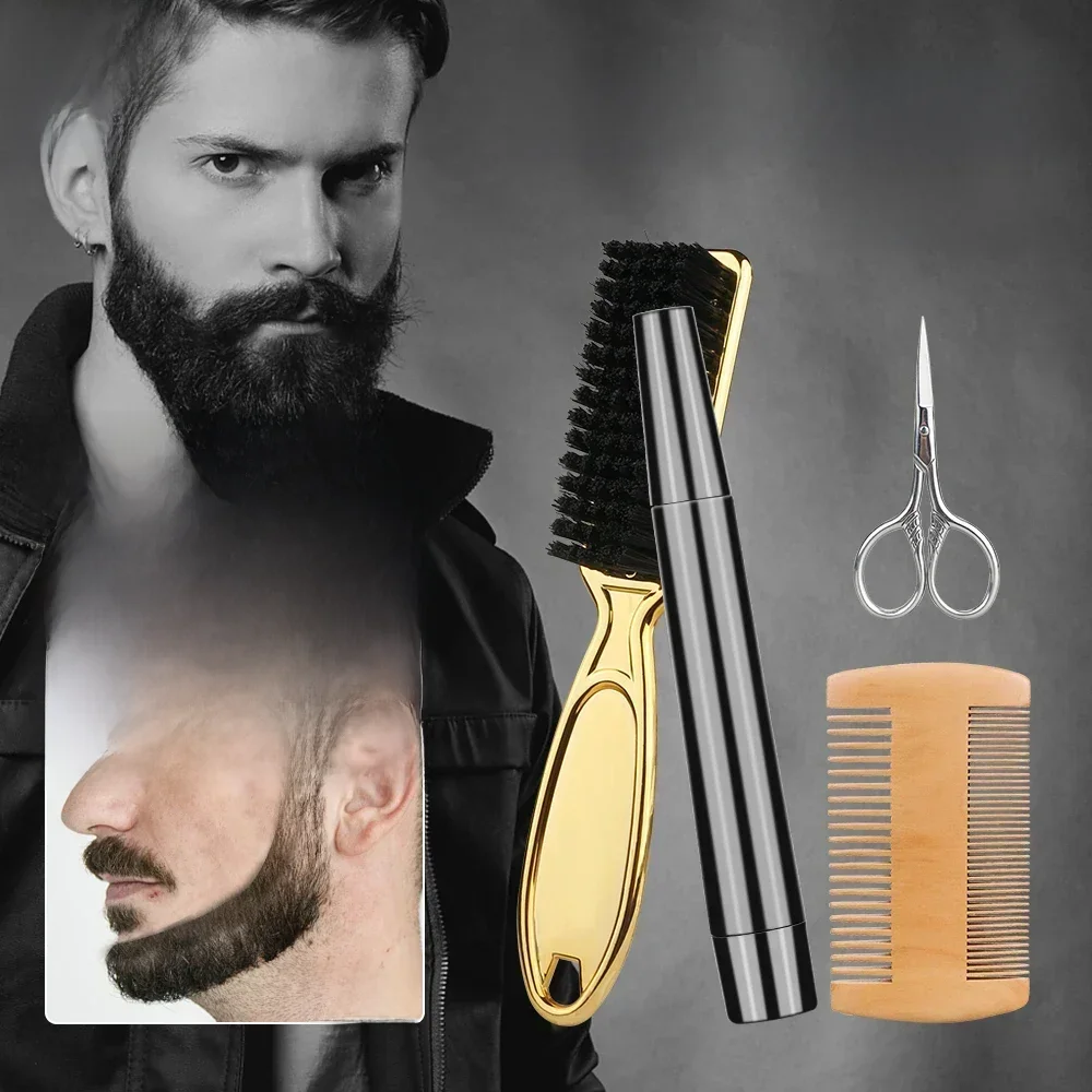 Ensemble de remplissage de stylo à barbe, crayon de coiffure avec brosse, couverture de finition naturelle, patchs pour cheveux du visage, outil pour hommes, style cosmétique