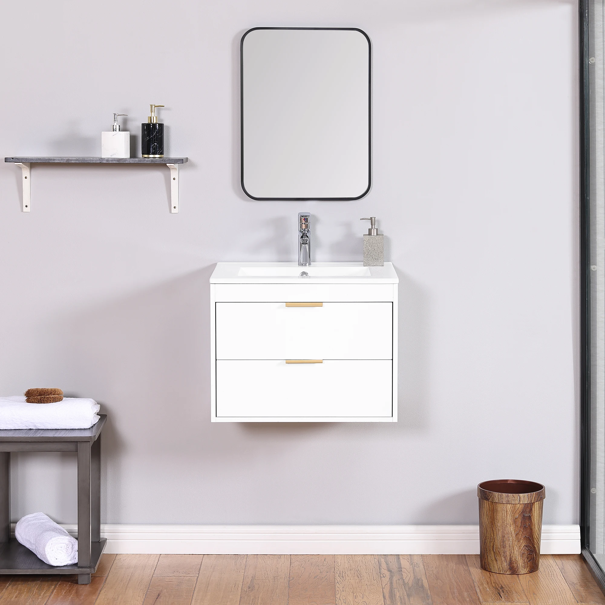 24" Floating Wall-Mounted Bathroom Vanity with White Ceramic Sink, Modern Design, and Drawer Storage for Space-Saving