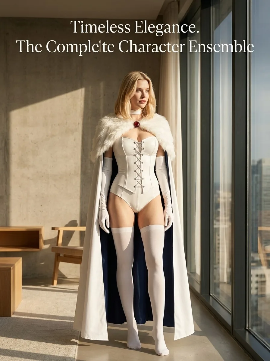 Fantasia Emma Frost Cosplay Costume Sexy Bodysuit for Women Jumpsuit Cloak Role Play Outfits Halloween Carnival Party Suit