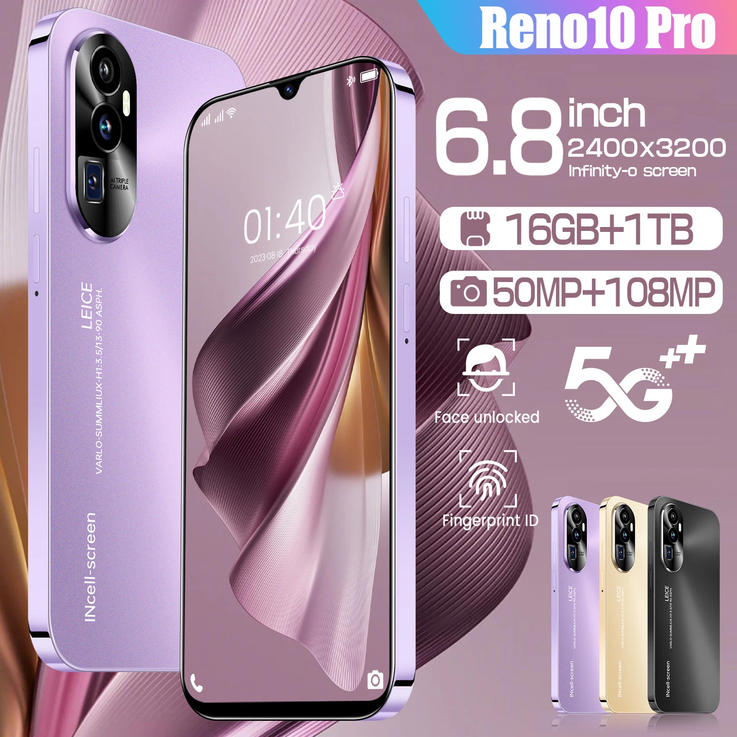 2025 New Reno 10 Pro Smartphone 6.8 inch Full Screen 5G Cell Phone 16TB+1TB 6800mAh Mobile Phones 108MP Global Version Celulares