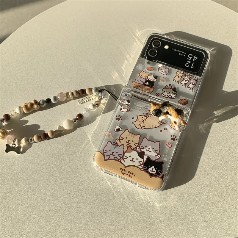 Koreański uroczy kotek 3D z miejscem na kartę składane etui na telefon Samsung Z Flip3 4 zflip5 flip6 Galaxy 5G Kawaii flip z łańcuszkiem — zdjęcie produktu 6