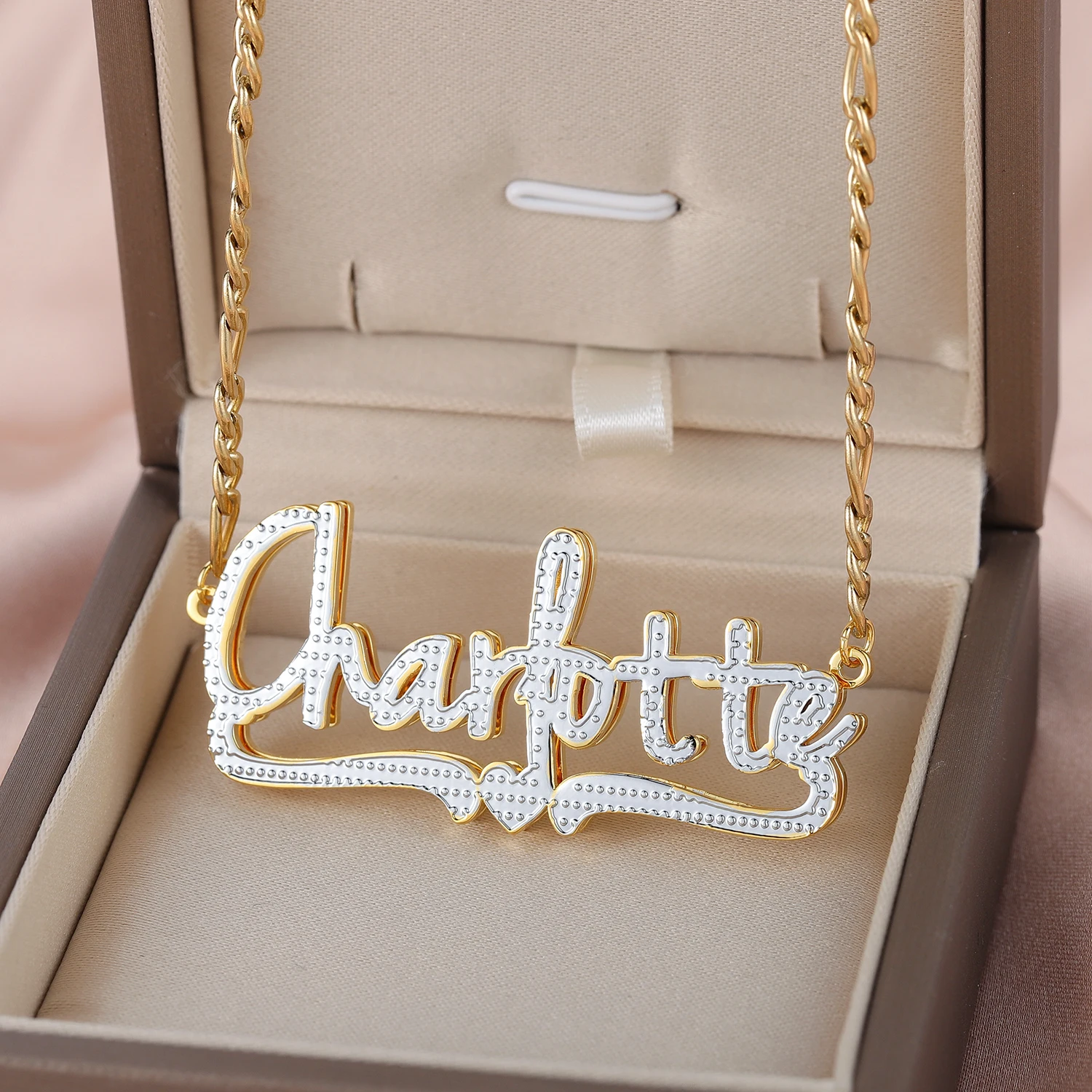 Personalized Double Layer Two Tone With Heart 18K Gold Plated Stainless Steel Handmade Custom Cursive Font Chain For Women Gifts