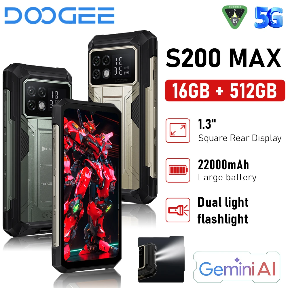 DOOGEE S200 Max Rugged Phone 6.72” 120Hz 1.32" Rear Display Telephon Portable 36GB+512GB 22000mAh 66W Smartphone Android 15 NFC