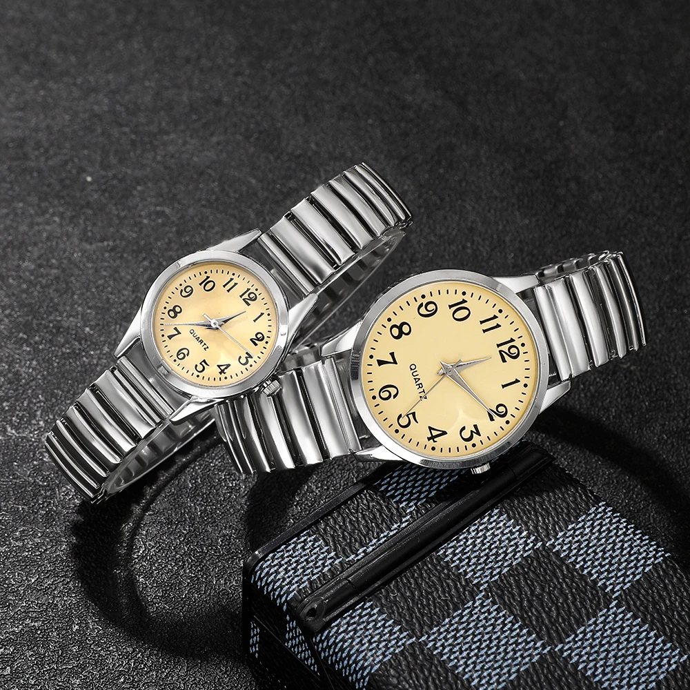 2PCS Couple's Watches Fashion Stainless Steel Band Men Women Analog Quartz Watches Set