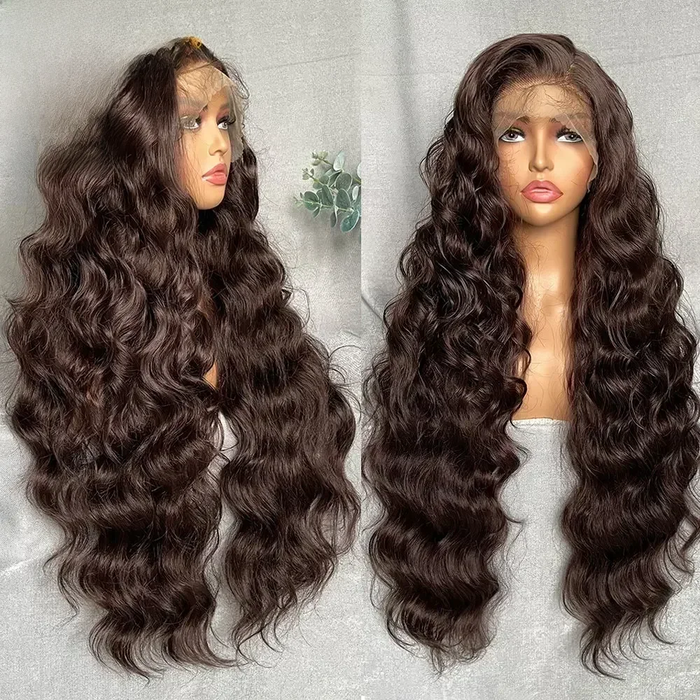 Peruki syntetyczne z koronką w kolorze jasnego brązu X-TRESS, bardzo długie, luźne fale, peruka typu lace frontal 13x6 z baby hair, do codziennego stylizacji, nowy styl. — zdjęcie 2