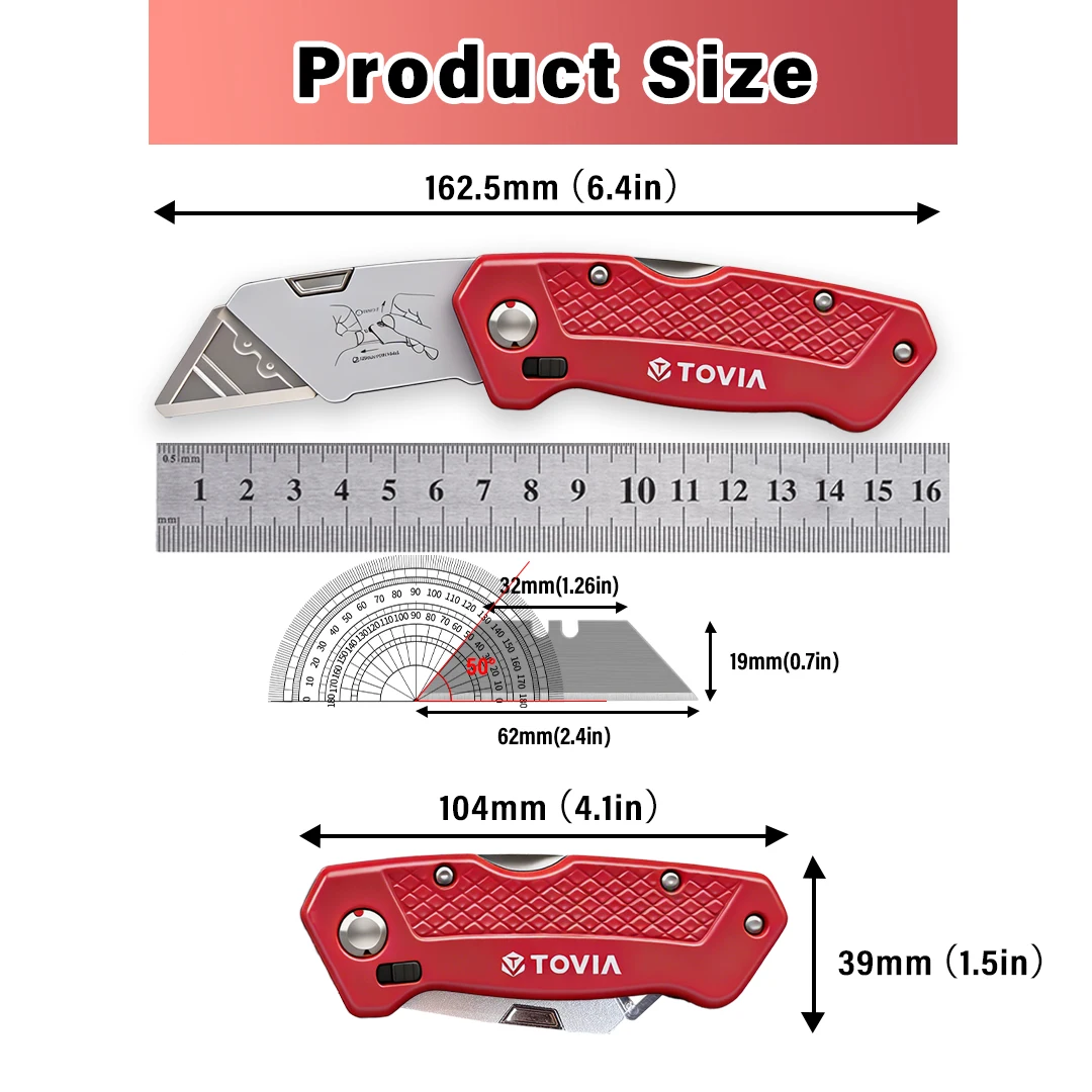 Folding Utility Knife Quick Change Box Cutter Blades with Blade Storage Design Box Knife for Cartons Cardboard and Boxes TOVIA