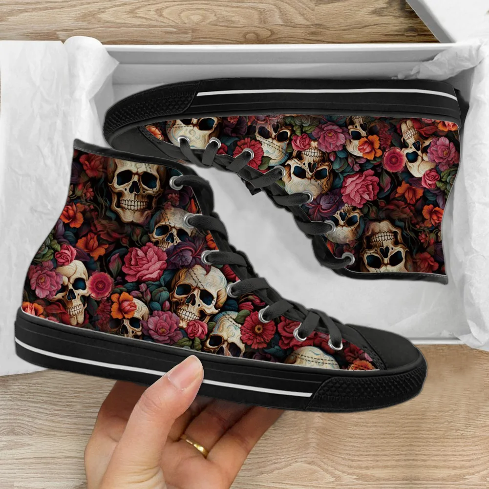 

INSTANTARTS Fashion Floral Skull Printed Men's High Top Sneakers Autumn Spring Comfort Men Flats Shoes Lace Up Footwear Zapatos