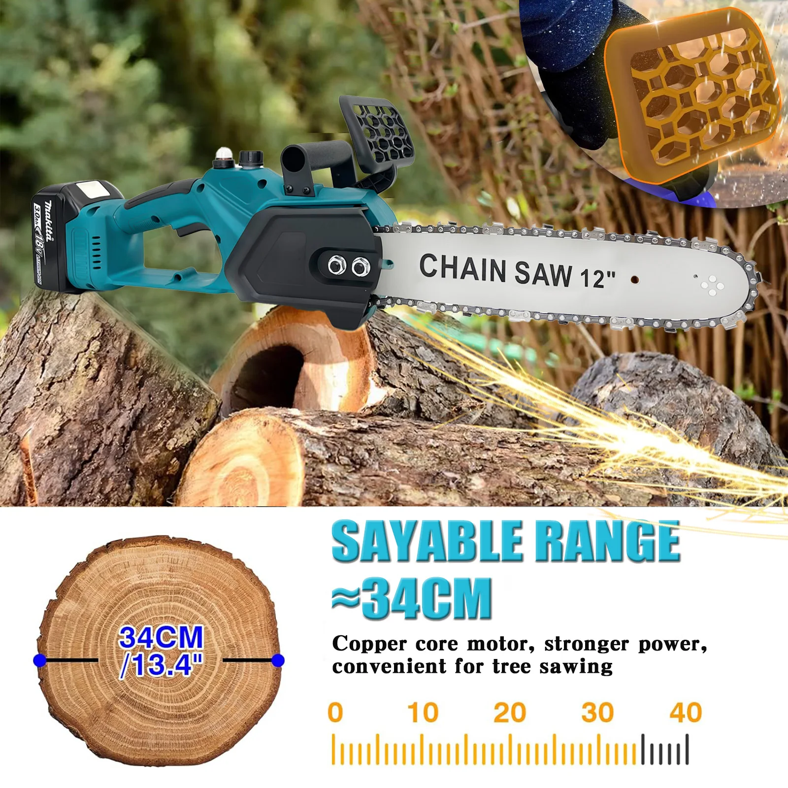 منشار كهربائي بدون فرش مقاس 12 بوصة، منشار كهربائي مع بطارية 5500 مللي أمبير في الساعة * 1 سلاسل * 2، منشار كهربائي محمول خفيف الوزن لفرع الخشب #2