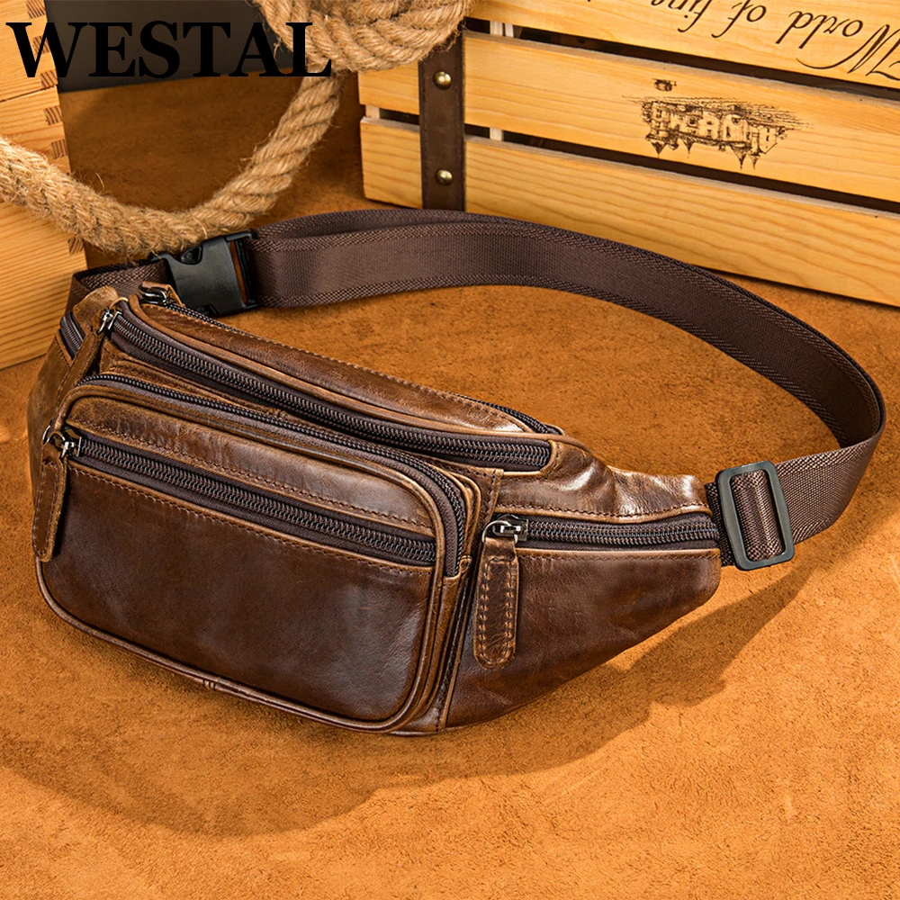 WESTAL Sheep Genuine Leather Men\'s Waist Bags Belt Men Waist Pack Male Fanny Pack Black Small Hip/Bum Bag Leather Waist Bag 8917