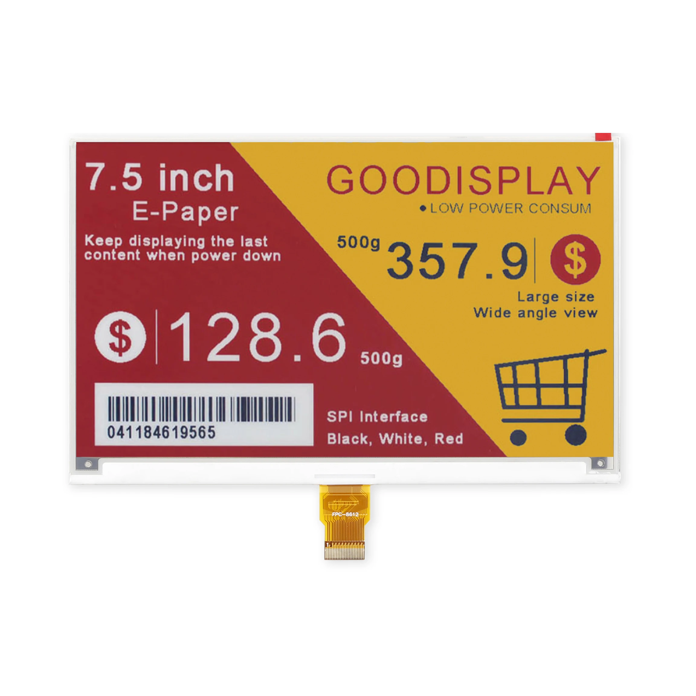 7.5-inch Four-Color E-Ink E-Paper Display SPI Screen 800x480 GDEM075F52 with Black White Yellow & Red