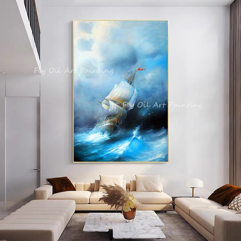 100% Handamde Abstract Hand Painted Ocean Rough Sea Blue Navy Picture Landscape Smooth Sailing Home Decor Canvas Oil Painting